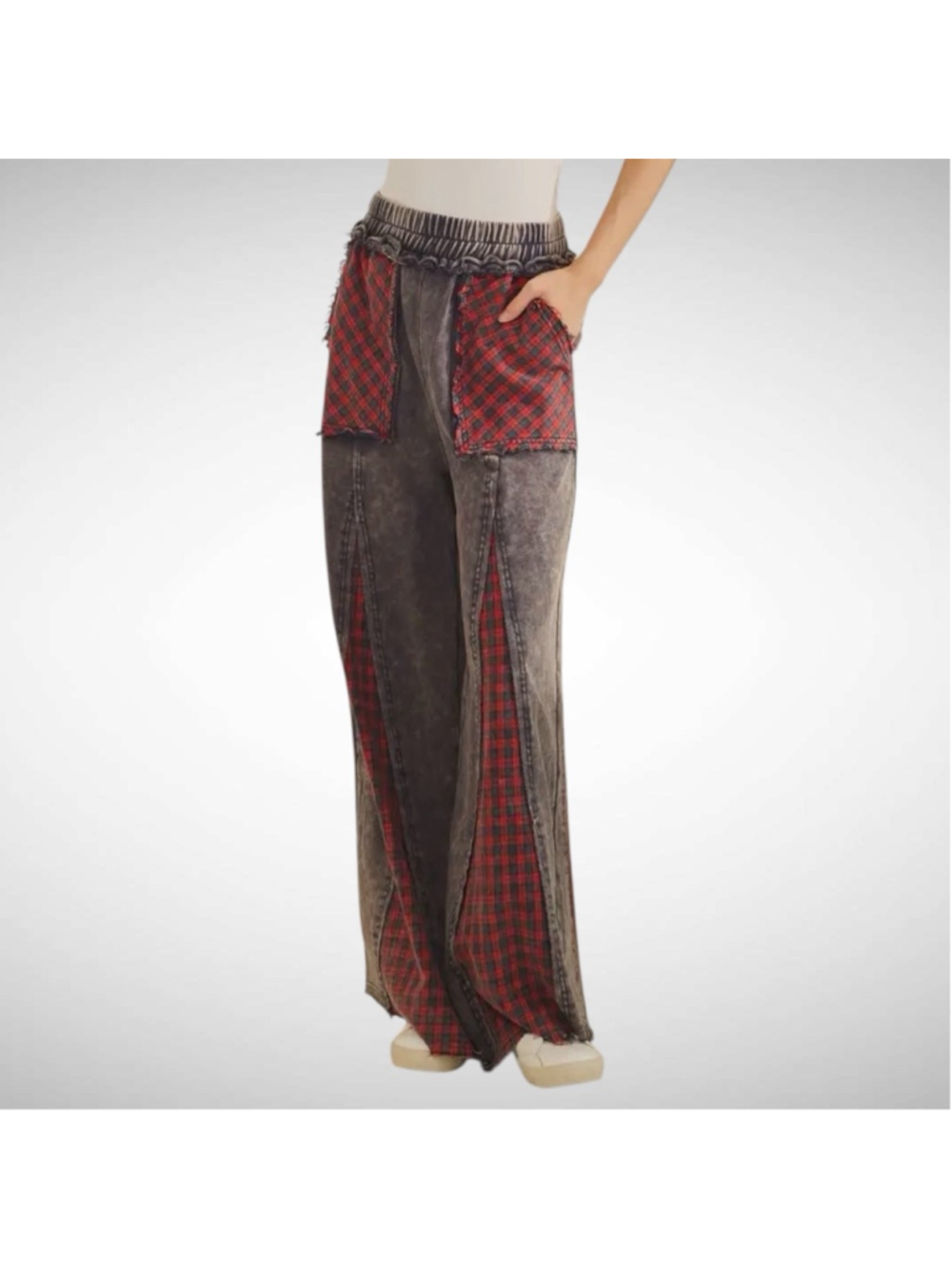 Sage + Fig Grunge Patch Plaid Wide-Leg Pants Navy/Red Size M